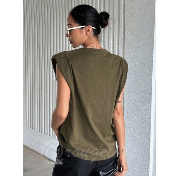 Cotton Padded Shoulders Army Green Muscle Tee Shirt Crew Neck - Picture 5 of 9
